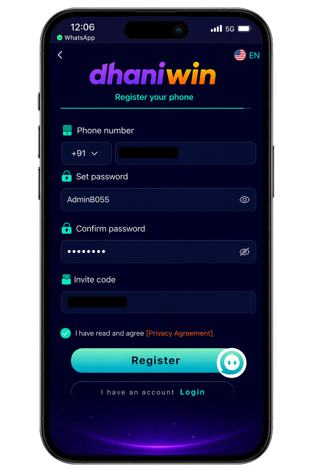 Dhaniwin Register Screenshot